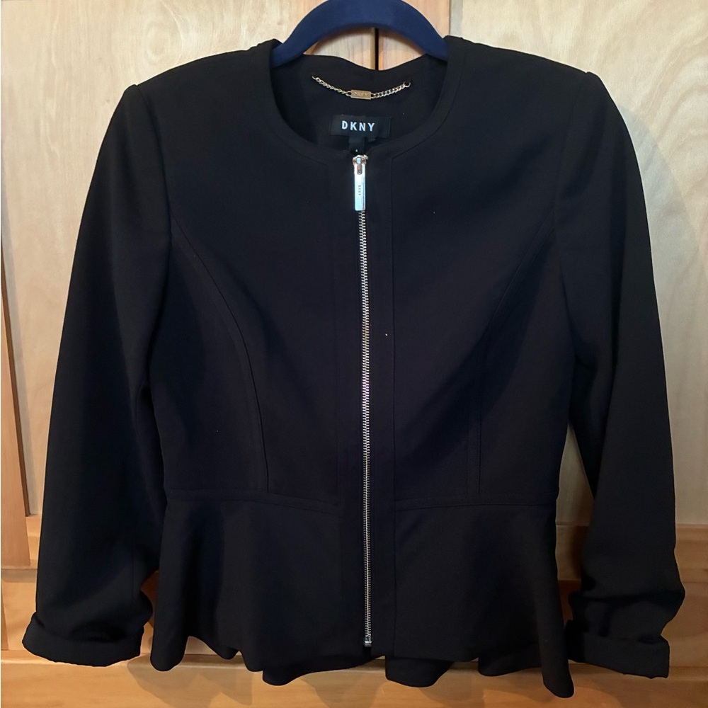 DKNY Black Peplum Zip Front Blazer Jacket Size 4